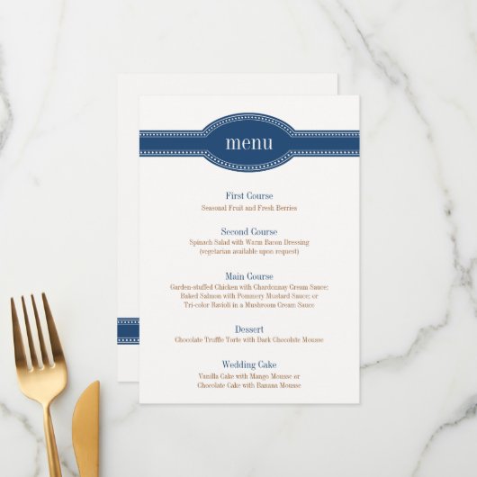 Navy Menu Kaart, Caroline Wedding Collectie (Voorkant / Achterkant in situ)