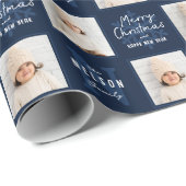 Navy Merry Christmas Calligraphy Family 2 photo Cadeaupapier (Rol Hoek)