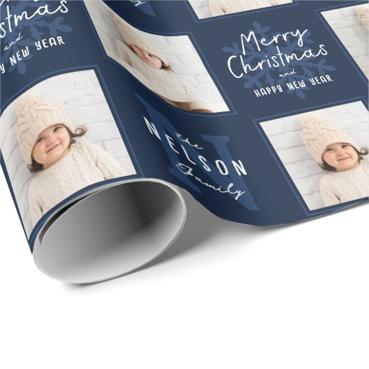 Navy Merry Christmas Calligraphy Family 2 photo Cadeaupapier (Rol Hoek)