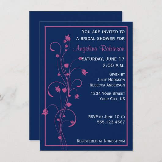 Navy met Roze Bloemen Ontwerp Vrijgezellenfeest In Kaart (Voorkant / Achterkant)