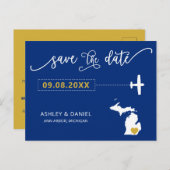 Navy Michigan Wedding Save the Date Map Briefkaart (Voorkant / Achterkant)