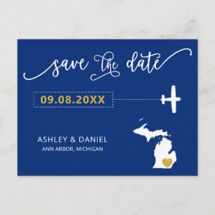 Navy Michigan Wedding Save the Date Map Briefkaart