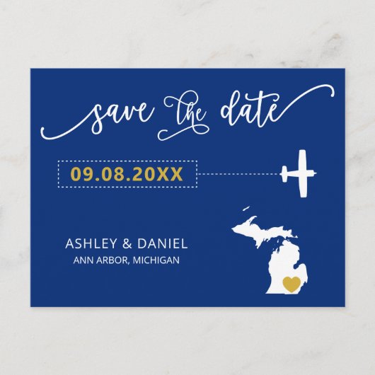 Navy Michigan Wedding Save the Date Map Briefkaart (Voorkant)