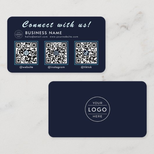 Navy Midnight Blue 3 QR Code Multi Social Visitekaartje (Voorkant / Achterkant)