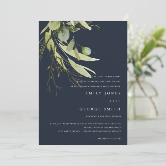 NAVY MINIMAL LEAF GREEN FOLIAGE WATERVERF WEDDING KAART (Staand voorkant)