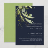 NAVY MINIMAL LEAF GREEN FOLIAGE WATERVERF WEDDING KAART (Voorkant / Achterkant)