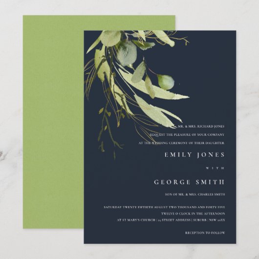 NAVY MINIMAL LEAF GREEN FOLIAGE WATERVERF WEDDING KAART (Voorkant / Achterkant)