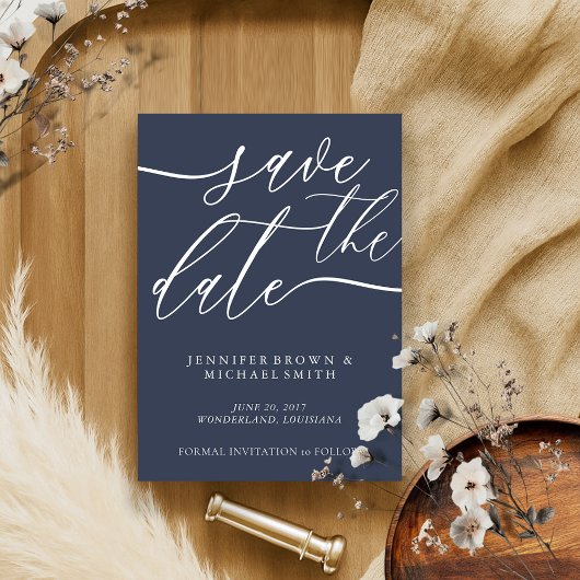 Navy Minimalism Wedding Custom Photo Calligraphy Save The Date