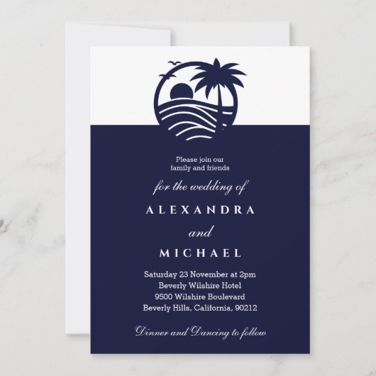 Navy Minimalist Palm Tree Coastal Wedding Kaart (Voorkant)