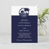 Navy Minimalist Palm Tree Coastal Wedding Kaart (Staand voorkant)