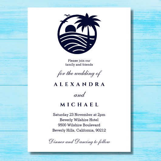Navy Minimalist Palm Tree Coastal Wedding Kaart