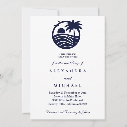 Navy Minimalist Palm Tree Coastal Wedding Kaart (Voorkant)