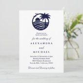 Navy Minimalist Palm Tree Coastal Wedding Kaart (Staand voorkant)