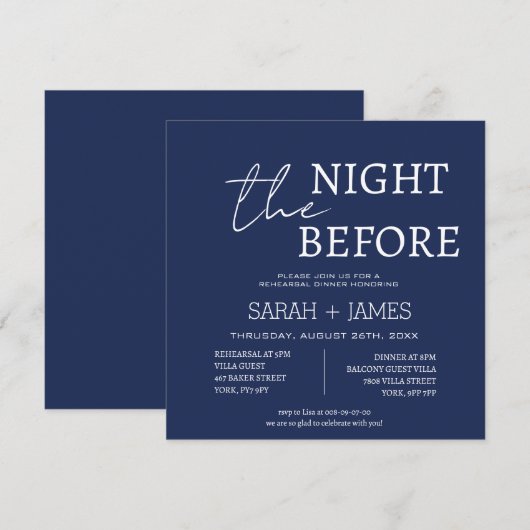 Navy Minimalist Repetitie Diner Trouwplein Kaart (Voorkant / Achterkant)