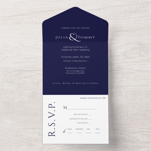 (NAVY) Minimalistisch, legante huwelijksuitnodigin All In One Uitnodiging (Binnen)