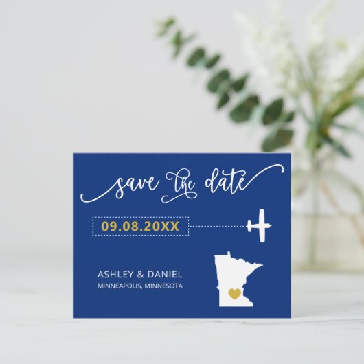 Navy Minnesota Wedding Save the Date Map Briefkaar Briefkaart (Staand voorkant)