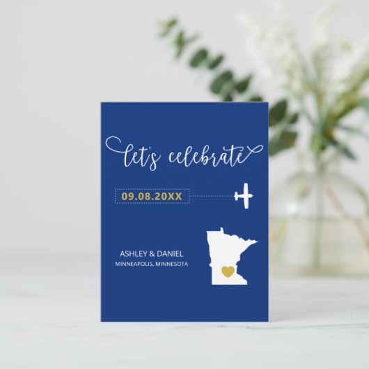 Navy Minnesota Wedding Save the Date Map Briefkaar Briefkaart (Staand voorkant)