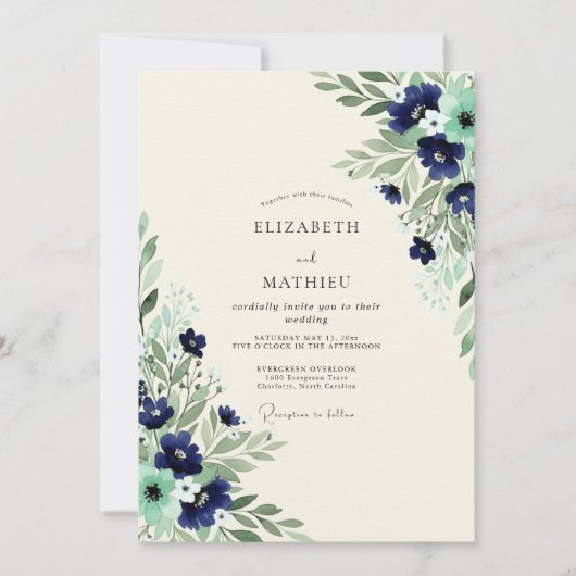 Navy Mint Exquisite Botanical Wedding Kaart (Voorkant)