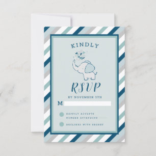Navy Mint & Grijs Schattige Olifant Baby Meisje RS RSVP Kaartje