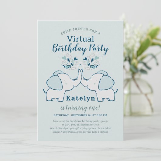 Navy & Mint Schattige Elephant Virtual Birthday Pa Kaart (Staand voorkant)