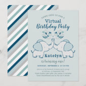 Navy & Mint Schattige Elephant Virtual Birthday Pa Kaart (Voorkant / Achterkant)