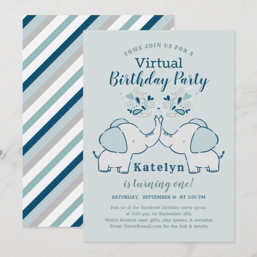 Navy & Mint Schattige Elephant Virtual Birthday Pa Kaart (Voorkant / Achterkant)