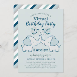 Navy & Mint Schattige Elephant Virtual Birthday Pa Kaart
