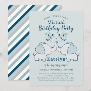 Navy & Mint Schattige Elephant Virtual Birthday Pa Kaart