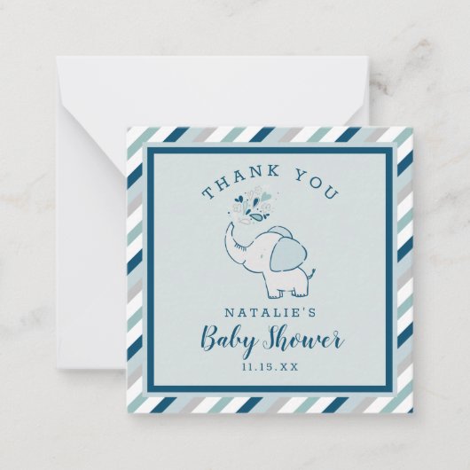 Navy & Mint Schattige Olifant Baby shower Dank u Notitiekaartje (Voorkant)