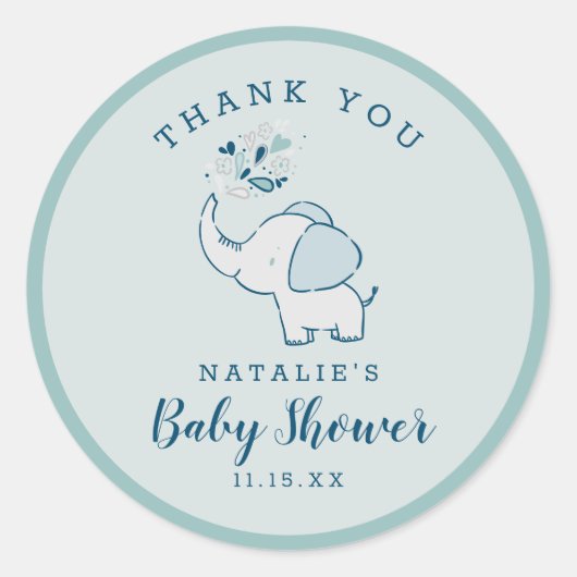 Navy & Mint Schattige Olifant Baby shower Dank u Ronde Sticker (Voorkant)
