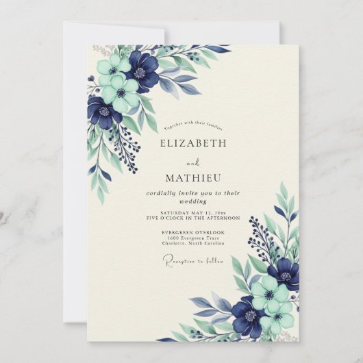 Navy Mint Serene Botanical Wedding Kaart (Voorkant)