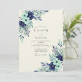 Navy Mint Serene Botanical Wedding Kaart (Staand voorkant)