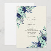 Navy Mint Serene Botanical Wedding Kaart (Voorkant / Achterkant)