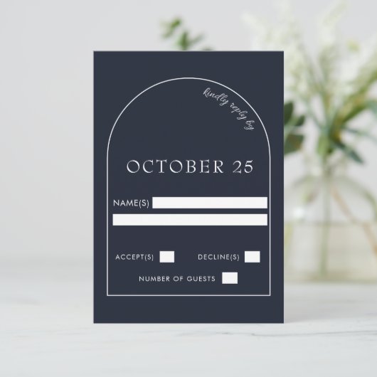 Navy Modern Arch Wedding RSVP-kaart RSVP Kaartje (Staand voorkant)