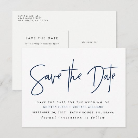 Navy Modern bewaart de datum Aankondigingskaart (Voorkant / Achterkant)