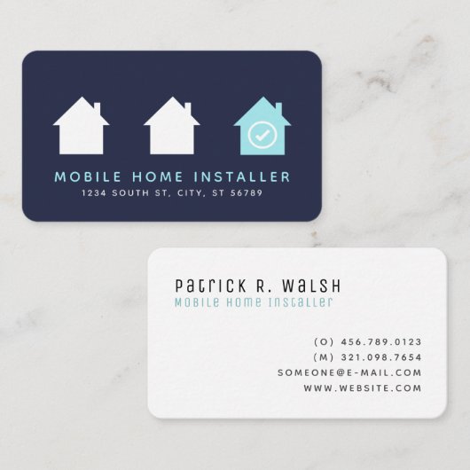 Navy Modern Checkmark House Mobile Home Installer Visitekaartje (Voorkant / Achterkant)