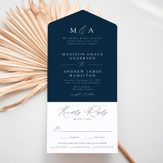 Navy Modern Elegance Wedding All In One Uitnodiging