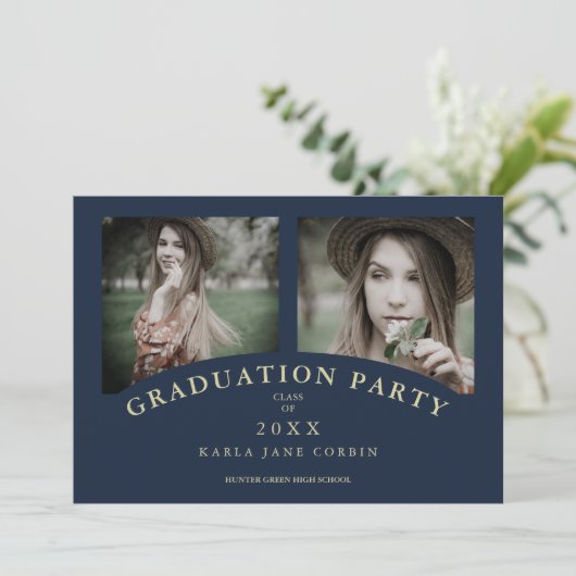 Navy Modern Elegant Chic Graduation Party 2 Foto's Kaart (Staand voorkant)