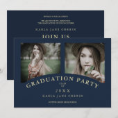 Navy Modern Elegant Chic Graduation Party 2 Foto's Kaart (Voorkant / Achterkant)