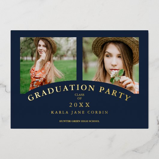 Navy Modern Elegant Chic Graduation Party 2 Photos Folie Uitnodiging (Voorkant)
