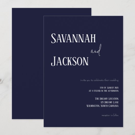 Navy Modern Elegant Wedding Invitation Kaart (Voorkant / Achterkant)