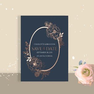 Navy Modern Floral Sketch Oval Save the Date Folie Uitnodiging