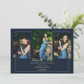Navy Modern Gold 3 Photos Sophisticated Graduation Kaart (Staand voorkant)