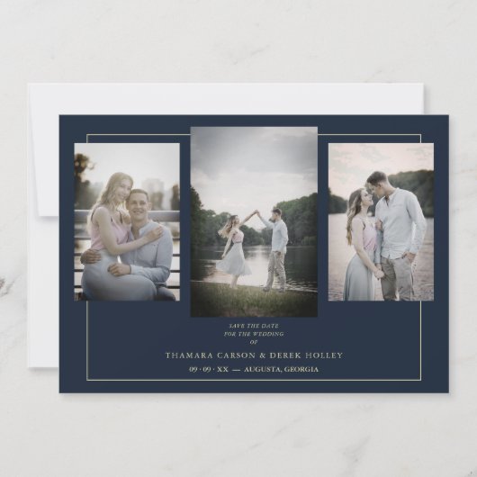 Navy Modern Gold 3 Photos Sophisticated Wedding (Voorkant)
