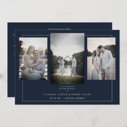 Navy Modern Gold 3 Photos Sophisticated Wedding (Voorkant / Achterkant)