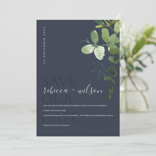 NAVY MODERN GREEN EUCALYPTUS FOLIAGE WATERVERF SAVE THE DATE (Staand voorkant)