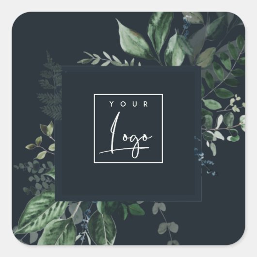 Navy Modern Green Leafy Tropical Foliage Fern Logo Vierkante Sticker (Voorkant)