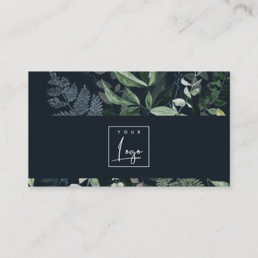 Navy Modern Green Leafy Tropical Foliage Fern Logo Visitekaartje (Voorkant)