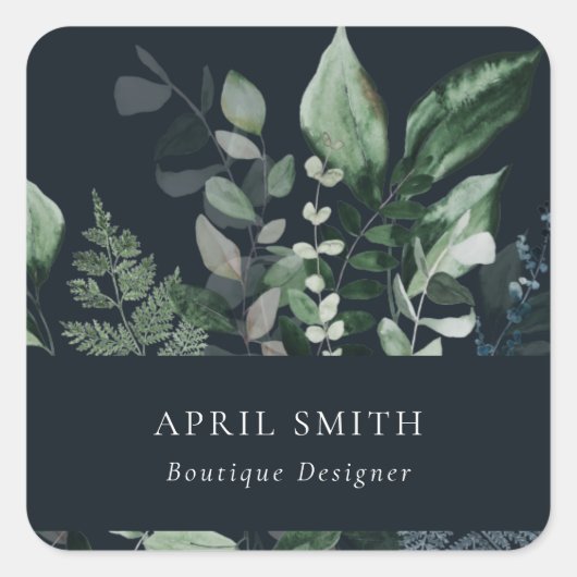 Navy Modern Green Leafy Tropical Foliage Fern Vierkante Sticker (Voorkant)