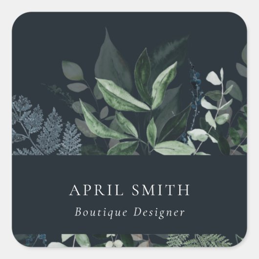 Navy Modern Green Leafy Tropical Foliage Fern Vierkante Sticker (Voorkant)